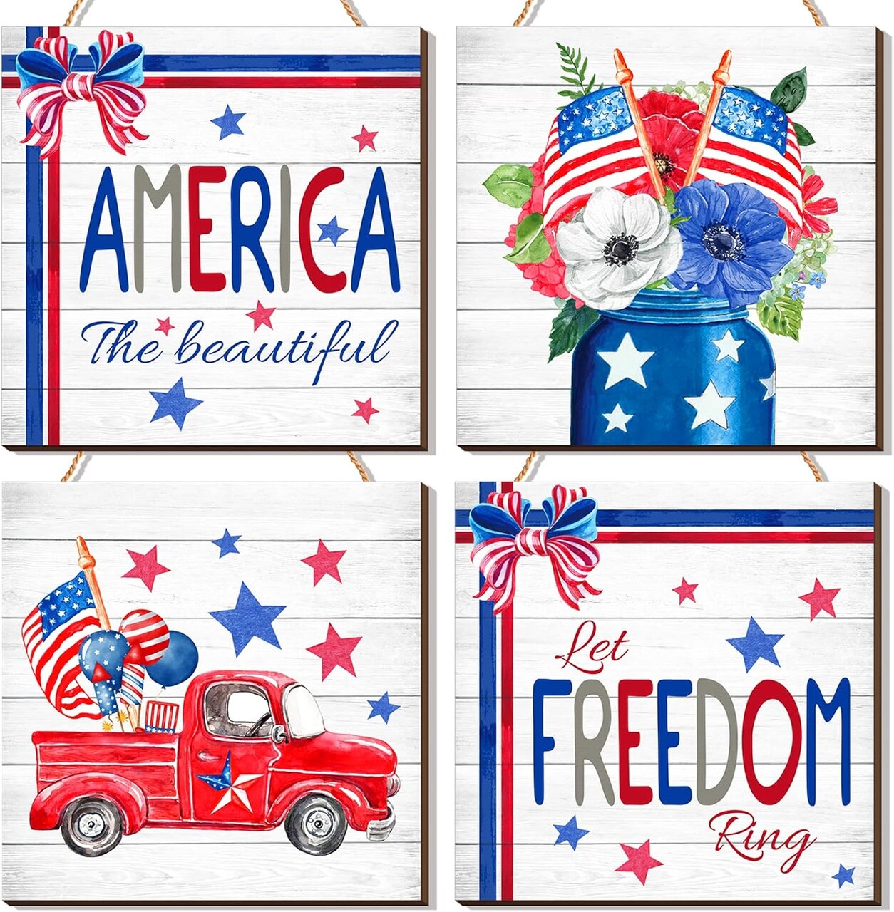 4 Pcs 4th of July Hanging Door Sign Wooden Decor Farmhouse Patriotic Decor Independence Day Decorations Wall Door Hanger Rustic Wooden Plaque for Wall Porch Outdoor,7.87 x 7.87 Inch(America)